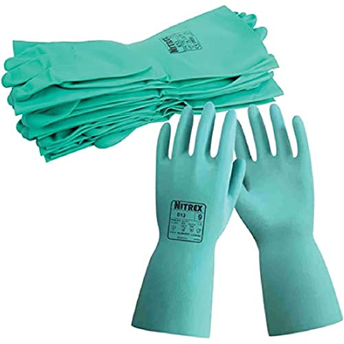 Nitrex 613 Chemical Resistant Safety Gloves, Bag of 10 Pairs, Size 9 - Flock Lined Nitrile Chemical Resistant Gauntlet Gloves