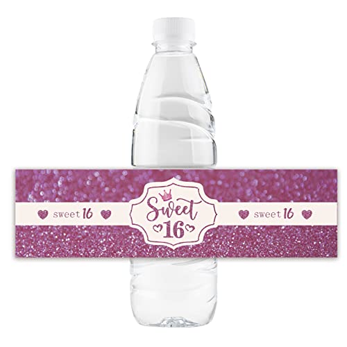 32 Pcs Sweet 16 Water Bottle Labels, Happy 16th Birthday Water Bottle Labels, Sweet Sixteen Party Bottle Wrappers, Cheers to 16 Years Old Party Decorations - Puprle