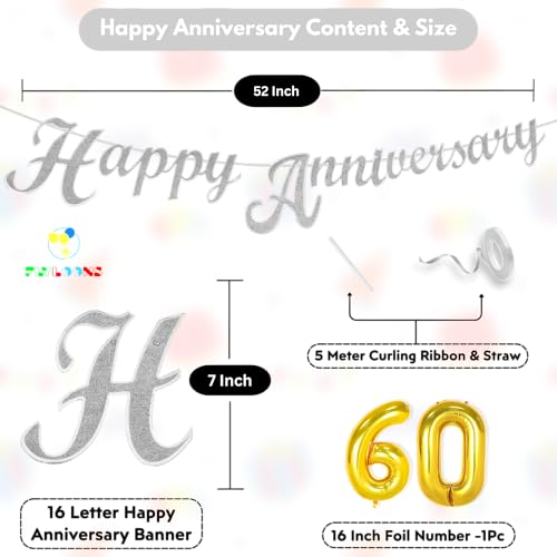 Image of Flyloons 60th Happy Anniversary Banner Silver Decorations Kit for Men Women Wedding Anniversary Banner Items without Balloons Diamond Jubilee