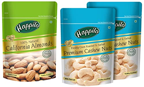 Image of Happilo 100% Natural Premium Californian Almonds,Dried,200g & Premium Roasted and Salted Cashews, 200g (Pack of 2)