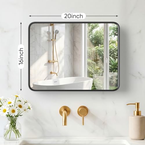 Image of Sweetcrispy Bathroom Mirror 20x16 Inch Metal Framed Rounded Rectangle Vanity Mirror for Wall, Over Sink, Farmhouse, Restroom, Anti-Rust, Modern Decorative, Horizontal or Vertical Hanging, Black