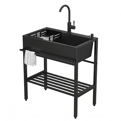 Fregadero Exterior Acero Inoxidable con Grifo y Escurridor,Pila Lavadero Independiente, Cocina Multifuncional for Jardín Restaurante Garaje Patio Trasero Lavandería(60 * 45 * 86cm)