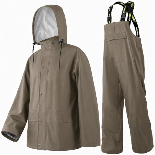 Image of Men's Workwear 3-Piece Waterproof PU Rain Suit Set | Hooded Jacket & Bib Pants, Sealed Seams, Storm Flap, Adjustable Suspenders, Flap Pockets, Outdoor Work, Fishing, Farming