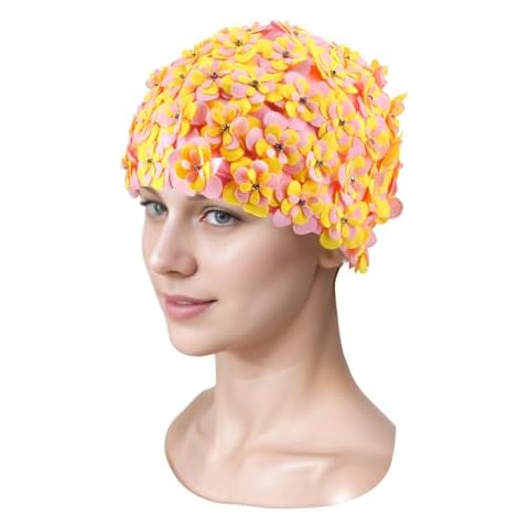 Medifier Vintage Floral Petal Swim Cap Bathing Hats for Women and Girls - Retro Elastic Swimming Turban with Flowers, Rhinestone Accents Pink and Yellow Cover