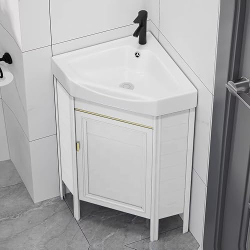 Kompaktes schwarzes Eckwaschbecken für Badezimmer, stilvolles, bodenstehendes Keramikwaschbecken für kleine Räume, idealer Badezimmer-Waschtisch für enge Bereiche, 38 cm