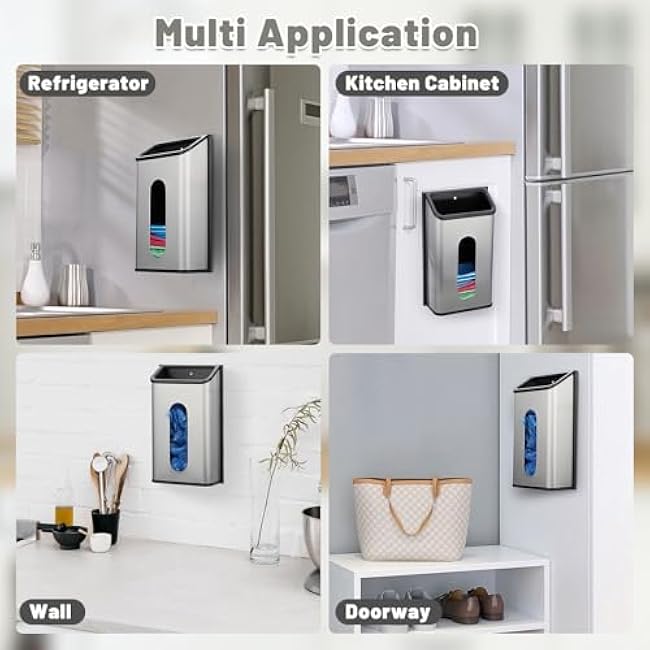 Sumnacon Grocery Bag Dispenser Wall Mount Stainless Steel Bag Dispenser for Plastic Bags Sturdy Grocery Bag Holder with Screws Adhesives Decorative Plastic Bag Holder for Kitchen Pantry Cabinet