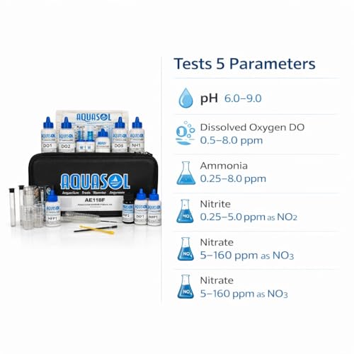 Image of AQUASOL AE118F Aquaculture Fresh Water Test Kit for Fish Pond & Hatchery | Tests pH, Dissolved Oxygen, Ammonia, Nitrite & Nitrate | Colour Comparator Method (800 Test Total)