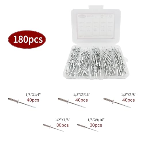 Image of 180Pcs Silver 1 /8 Inches Pop Rivets Assortment Kit,5 Sizes Aluminum Rivets,Aluminum blind pro Rivets for DIY /Metal /Furniture /Instruments