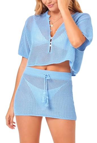 Sovoyontee Women's 2 Piece Swimsuit Coverup Crochet Hollow Out Bathing Suit Swim Beach Cover Up Crop Top Skirt Sets