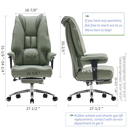 Big and Tall Office Chair 400lbs Wide Seat, Leather High Back Executive Office Chair with Foot Rest, Ergonomic Chairs Lumbar Support for Lower Back Pain Relief (Light Green)
