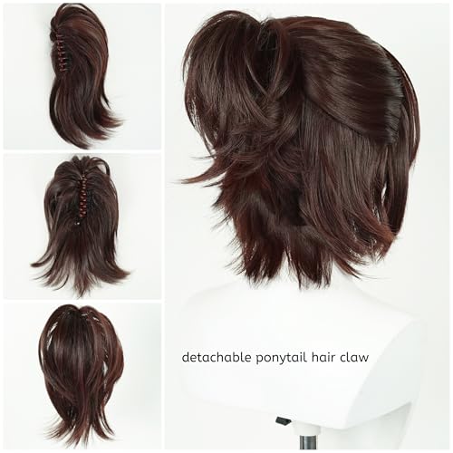Image of HangeZoe Cosplay Wig Short Anime Dark Brown Ponytail Wig with Bangs | Deep Brown Giant Costume Wigs Synthetic Hair for Women Halloween Party