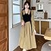 Women's All-Match Literary Aesthetic Ulzzang Mature Dress Long Sleeve V-Neck Contrast Color Pleated Lace-Up Dress Coffee XXL