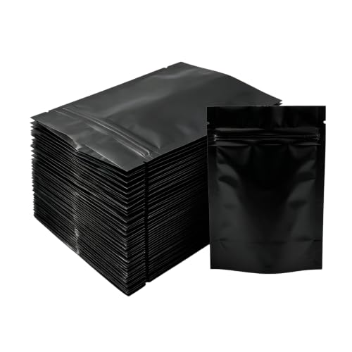 100PCS Thicken Double-Sided Metallic Mylar Foil Self Sealing Flat Bag Zipper Pouch Food Grade Sample Packing Storage Holder Container for Cosmetic Tea Powder (Black, 75mm x 65mm)
