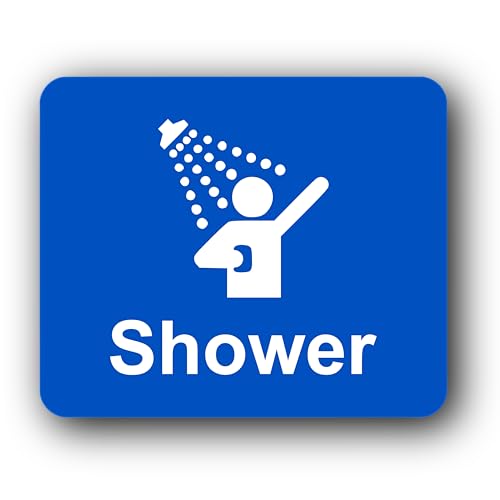 Image of Shower Door Sign – Waterproof Self-Adhesive Metal-Effect Plate, Universal Icon & Text, Peel & Stick, 115×95mm – Bathroom/Changing Room/Gym/Spa/Pool (Silver/Gold/Blue)