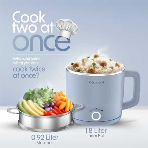 Image of Cellecor Stainless Steel Multi-Cook Kettle CMK18 Home Chef With Steamer, Egg Tray, Rust Free Body, 600W Powerful Output, Multi Cook Electric Kettle (1.8 L, Light Blue)