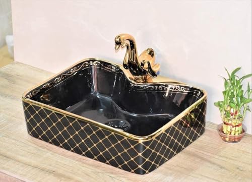 Image of BASSINO 19x15x5 Inches Ceramic Counter Top Wash Basin /Black & Gold Basin for Bathroom /Modern Design /Rectangular Shape Tabletop Washbasin for Restaurant /Dining Hall /Living Room /Home(Glossy)