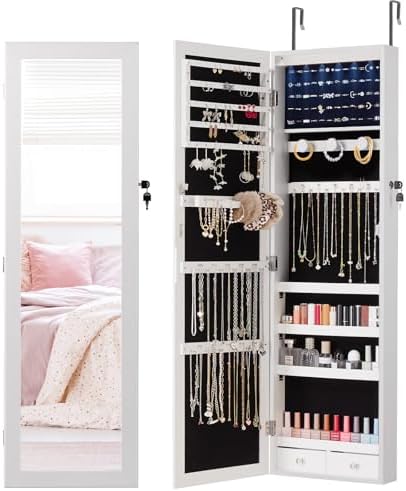 DUMOS 6 LEDs Mirror Jewelry Cabinet, Wall or Door Mounted Jewelry...