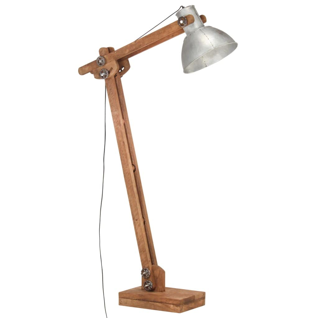 Srebrna lampa stojąca z litego drewna mango i regulowanym żelaznym kloszem, oprawa E27, możliwość ściemniania, do salonu, sypialni, korytarza, biura, nowoczesny industrialny design