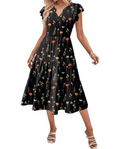 Image of ZEAGOO Womens Summer Casual Dresses Ruffle Sleeve V Neck Midi Dress Flowy Tiered Dress with Pockets Boho Sundresses