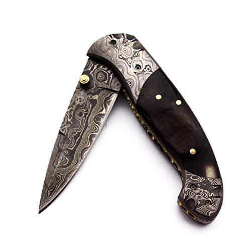Handmade Damascus Folding Pocket Knife - Premium EDC, Hunting, Survival, Camping & Fishing Tool with Full Tang Micarta Handle & Cowhide Leather Sheath - Perfect for Men & Women-DCF97 - Fireball)