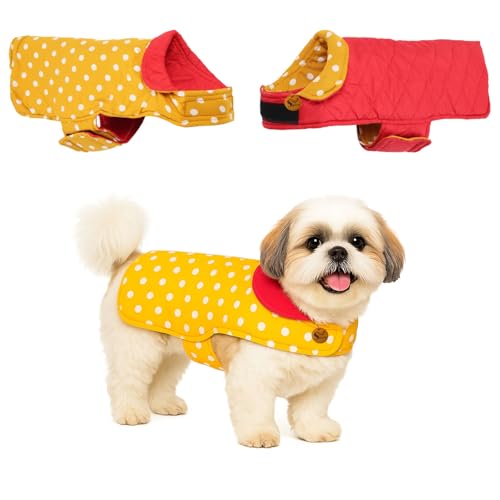 Image of Sage Square Dual-Sided Polka Dot Dog Jacket - Protective Cold-Weather Gear for Pets, Lightweight, Cushioned, Designed for Warmth & Comfort Indoors or Outside (Polka Yellow, XS - 12 Inch)