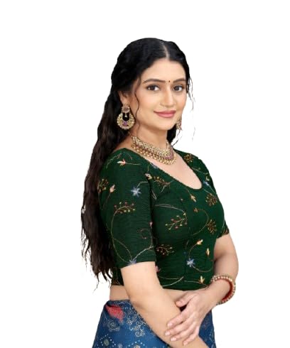 Women Embroidered Cotton Blend Round Neck Half Sleeve Readymade Blouse Green Color-image-42