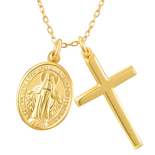 NORBU 925 Sterling Silver Cross Necklace for Women with Miraculous Medal, 18K Gold Plated Virgin Mary Necklace, Double Pendant Mother Mary Necklaces Christian Jewelry Religious Gift for Her