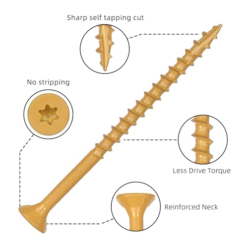 200 PCS #8 x 1-1/4\" Exterior Wood Screws, T25 Star Torx Drive Deck Screws, Tan, Rust Resistant Epoxy Coated, Flat Head Self Tapping Outdoor Timber Screws, Star Drive Bit Included