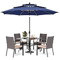 PHI VILLA 5 Pieces Outdoor Dining Set with Umbrella for 4, 37" Square Metal Dining Table & 4 Cushioned Wicker Rattan Chairs with 10ft Navy Blue Umbrella for Patio, Deck, Yard, Porch