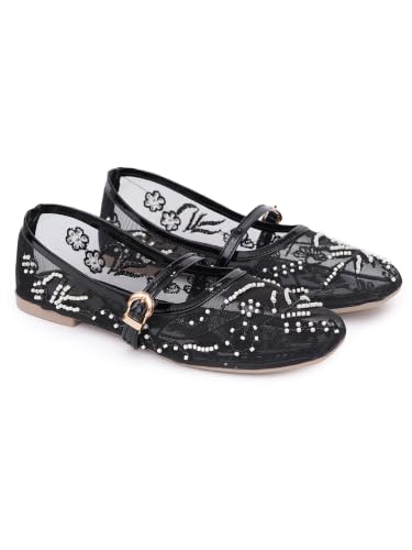 Image of TRYME Women's Elegant Mesh Mary Jane Ballerina Flats | Trendy Slip-On Comfortable Casual Flats Special Occasions