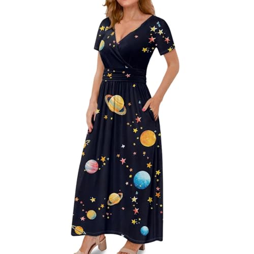 Image of Women's Fall Summer Short Sleeve Ankle Length V-Neck Party Dress with Pockets Size S-3XL