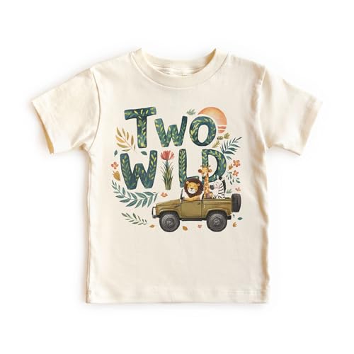 Kids 2nd Birthday Safari Shirt - Two Wild Second Birthday Theme - Safari Animals Zoo Adventure Toddler Shirt - Cute Jungle Truck Vehicle - Boys & Girls 2 Birthday Outfit - Natural Baby Toddler Youth Clothing
