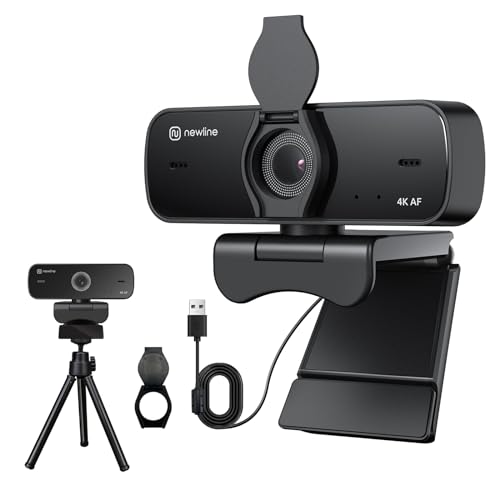 NewlineWork Webcam PC 4k avec 2 Microphones avec réduction du Bruit, autofocus, Correction de la lumière, avec Privacy Shutter et trépied, USB 2.0 UHD Webcam pour PC Mac Desktop Skype Streaming