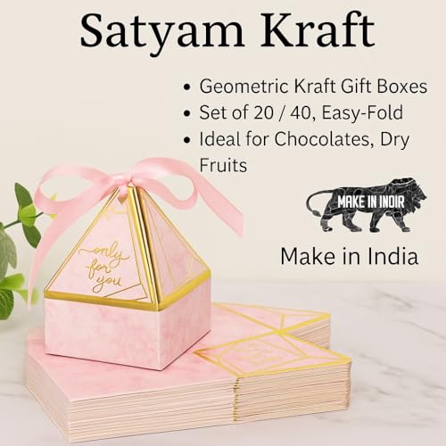 Image of SATYAM KRAFT 20 Pcs Small Diamond Shape Paper Folding Gift Boxes with Ribbon | Premium Return Gift Boxes for Wedding, Birthday, Engagement, Baby Shower, Chocolate & Dry Fruit Packaging (Pink)