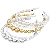 Velscrun 5 Pack Pearl Headband Headbands for Women Gold Silver White Beaded Headband Non Slip Head Bands Hair Bands for Womens Hair Accessories for Women Girls Gifts