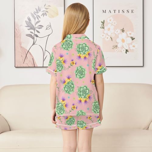 Satin Pajama Sets Short Sleeve Succulent Floral Pattern Print Button Down Silky Nightwear 2 Piece PJS 5-14Y4