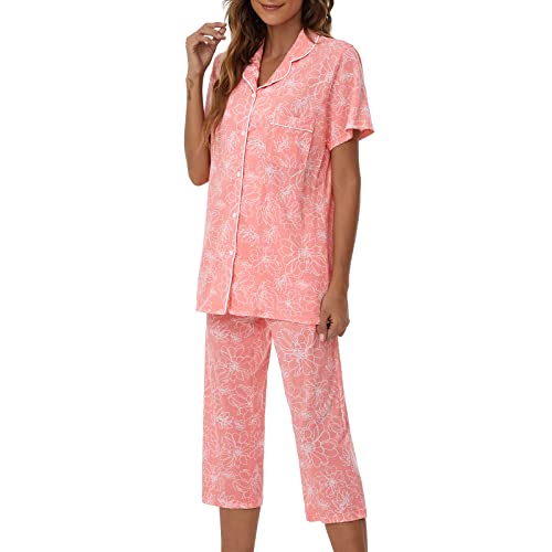 Image of Tugege Capri Pajamas Set Womens Button Down Short Sleeve Lounge Sets Sleepwear Notch Collar Top & Capri 2 Piece PJ Sets
