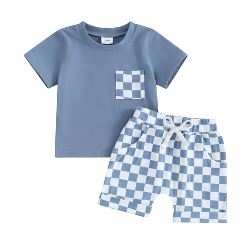Image of Doqcey Baby Boy Girl Summer Outfits Checkerboard Short Sleeve T-Shirt Elastic Waist Shorts Set Toddler Checkered Outfit