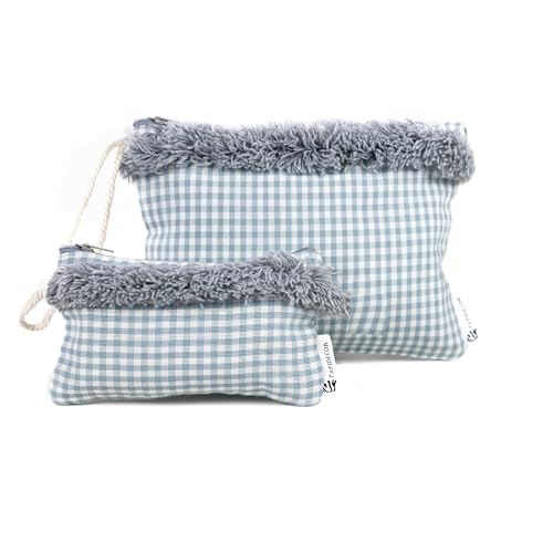 Beltop | Set de 2 Bolsos Vichy | Bolsos de Mano pequeño y Neceser |Color Azul mar | Estampado Cuadros vichky y Flecos | Poliéster y algodón