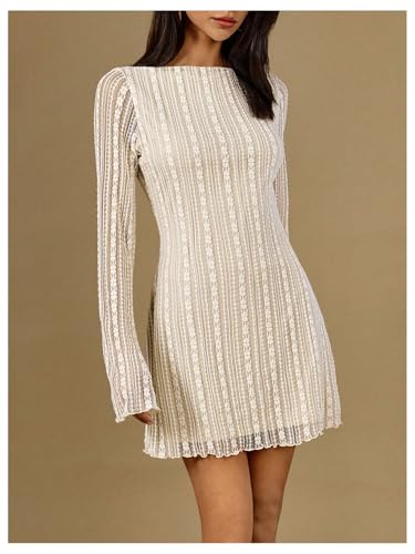 SOLY HUX Women's Lace Mini Dress Boat Neck Long Sleeve Lettuce Trim Bodycon Dresses3