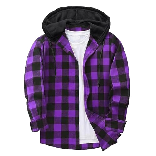 Men's Plaid Hoodie Flannel Shirt Jacket Fall Casual Lightweight Drawstring Long Sleeve Button Down Shirts with Pocket