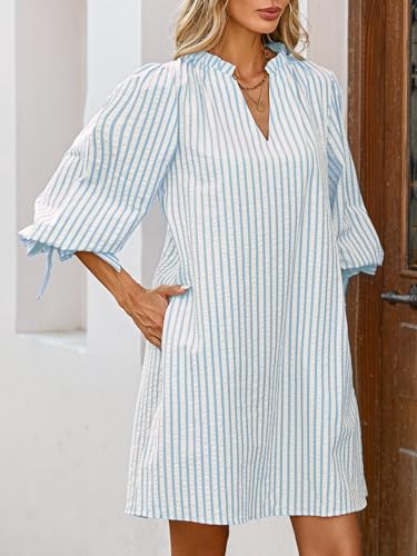 Image of EZAPINE Striped Dress for Women V Neck 3 /4 Bow Puff Sleeve Summer A Line Flowy Shirt Dress with Pockets