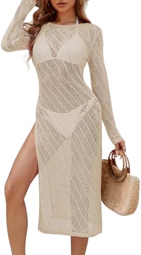 Pink Queen Swimsuit Coverup for Women 2025 Crochet Long Sleeve Hollow Out Mesh Knit Beach Cover Up