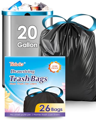 Image of Teivio 20 Gallon 26 Counts Large Drawstring Trash Bags Strong Tall Kitchen Garbage Bags for Home /Office /Light Residential Waste /Outdoor Trash Can, Lawn,Trash Bin liners Black