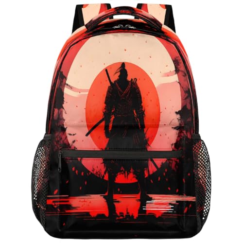 Japanese Style Samurai Silhouette Kids Backpack, Lightweight School Bookbag Large Capacity Laptop Backpack Water Resistant Daypack Shoulder Bag for Teenager Boys Girls