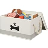 GreenPetopia Collapsible Dog Toy Basket with Lid - Storage Bins for Toys, Organizer with Cotton Rope Handles - Beige & Gray