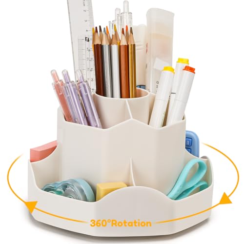 Euqvunn Drehbarer Schreibtisch Organizer, Stiftehalter Kinder mit 9 Fächern, 360° Stifte Organizer Platzsparender Stiftehalter Schreibtisch, Moderne Schreibtisch Zubehör Ordentlich(Beige)