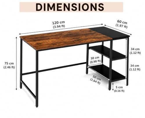 Image of 120 cm Computer Desk for Home Office | Study Writing Table with Multi-Storage Shelves | Study Table for Home | Gaming Setup | Wooden PC Table | Space-Saving Setup | Rustic Brown | 120x60x75cm
