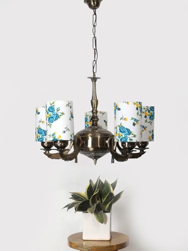 Image of Devansh 05-Light Round Printed Multicolor Cotton Shade Chandelier - Antique Golden Finish | Adjustable Cord | Warm Glow Lamp - Ceiling Light for Living Room, Dining Area, BedroomDecor - D17