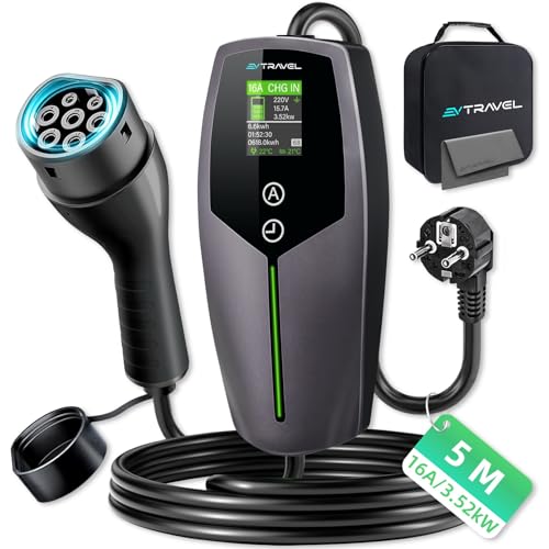EVTRAVEL Mobile Wallbox/estación de carga tipo 2 [8 – 16 A], cable de carga portátil tipo 2 para vehículos eléctricos (PHEV) según IEC62196-2 (3,5 kW, 5 m)
